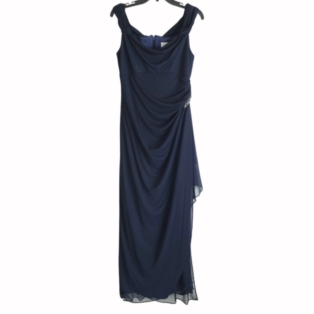 Alex Evenings Off Shoulder Gown Blue Chiffon Bead Embellished Dress Size 10 - Picture 2 of 7